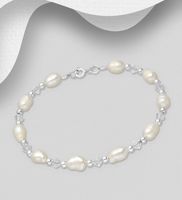 382-2257 - Wholesale 925 Sterling Silver Bracelet Beaded With Fresh Water Pearls And Crystal Glass
