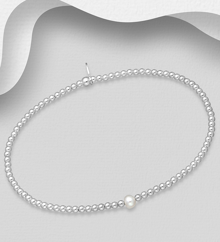382-2282 - Wholesale 925 Sterling Silver Elastic Bracelet, Beaded with 4 mm Diameter Freshwater Pearl