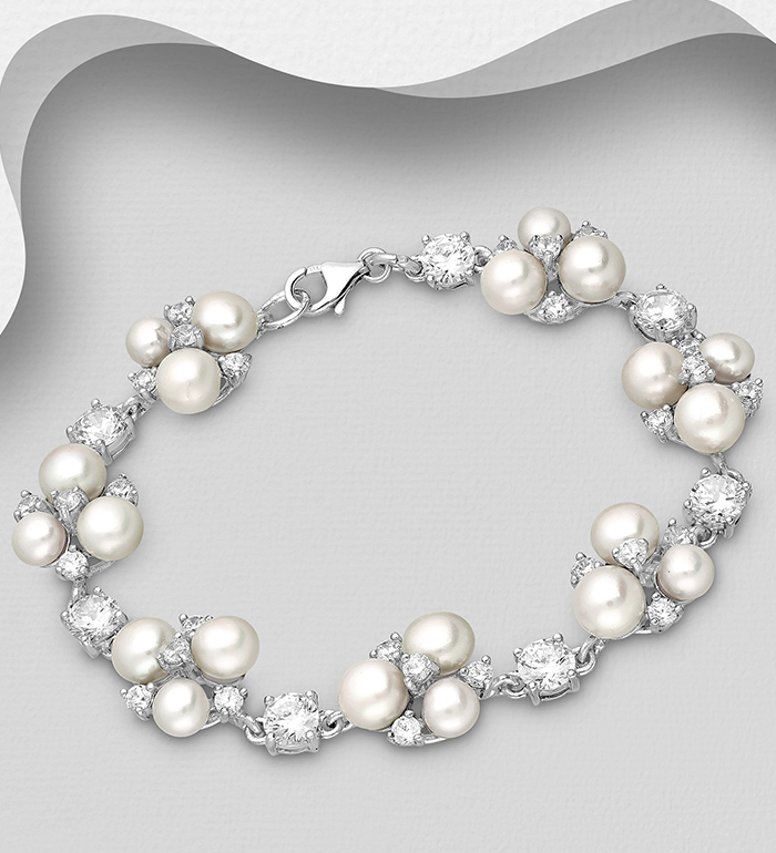382-2479 - Wholesale 925 Sterling Silver Bracelet, Decorated with Freshwater Pearls and CZ Simulated Diamonds