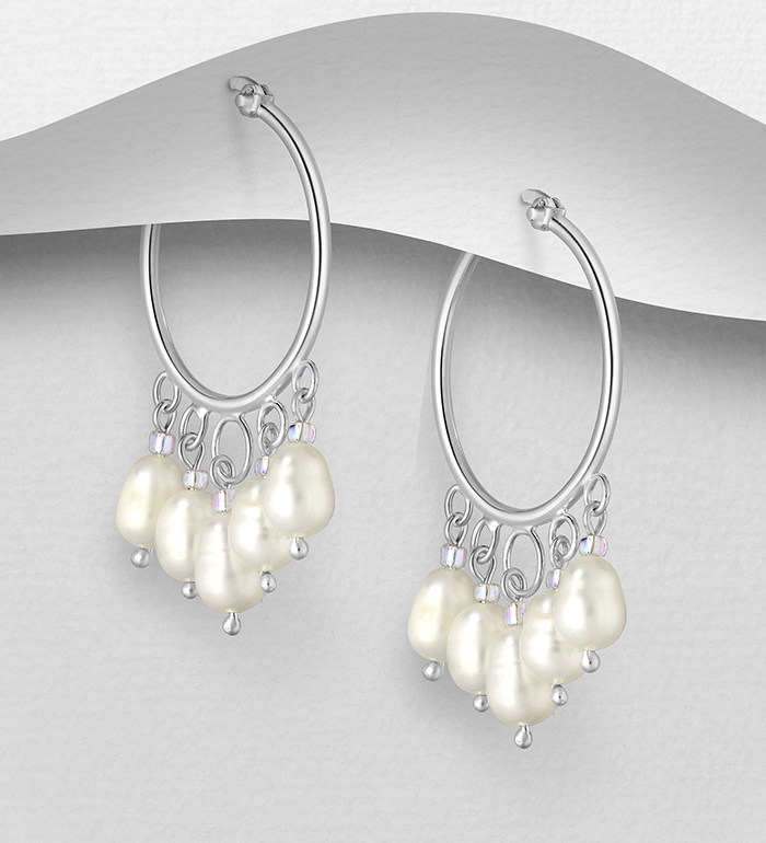 382-253 - Wholesale 925 Sterling Silver Dangle Hoop Earrings Beaded with Freshwater Pearls and Seed Beads