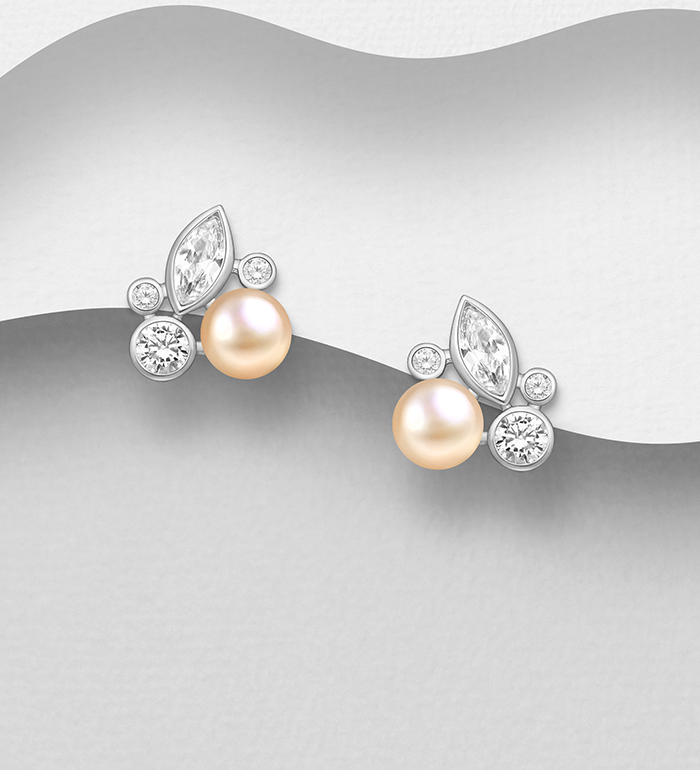 382-2681 - Wholesale 925 Sterling Silver Earrings Decorated with Freshwater Pearls and CZ Simulated Diamonds