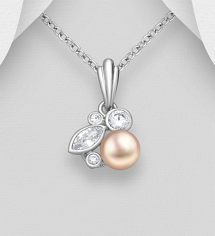 382-2682 - Wholesale 925 Sterling Silver Pendant, Decorated with Freshwater Pearl and CZ Simulated Diamonds