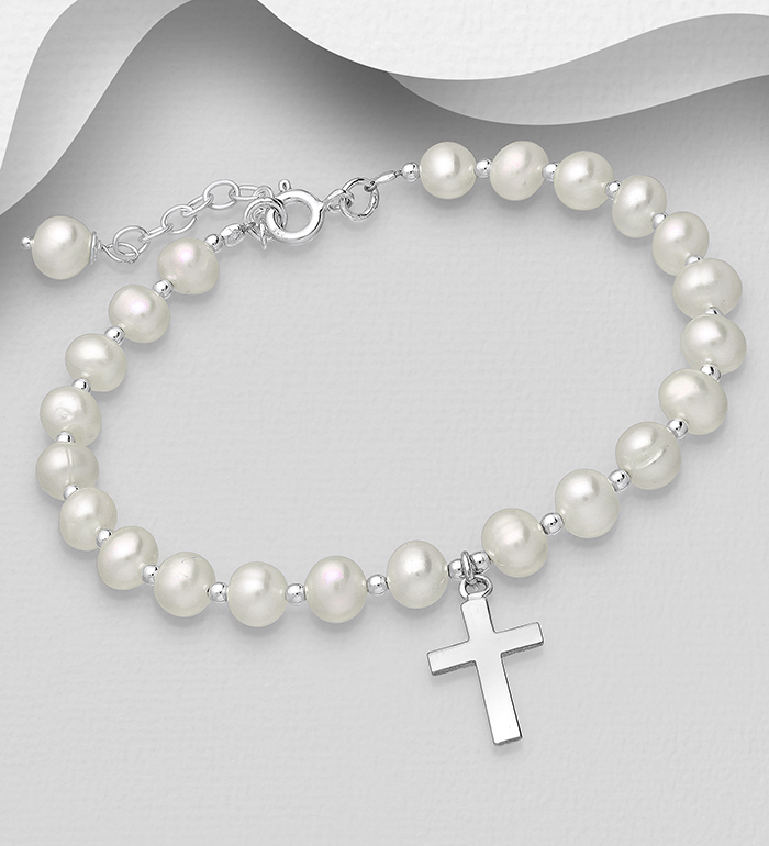 382-2969 - Wholesale Fresh Water Pearls Bracelet with 925 Sterling Silver elements and Cross Charm