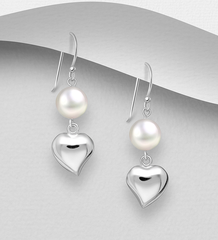382-3031 - Wholesale 925 Sterling Silver Heart Hook Earrings Decorated With Fresh Water Pearls
