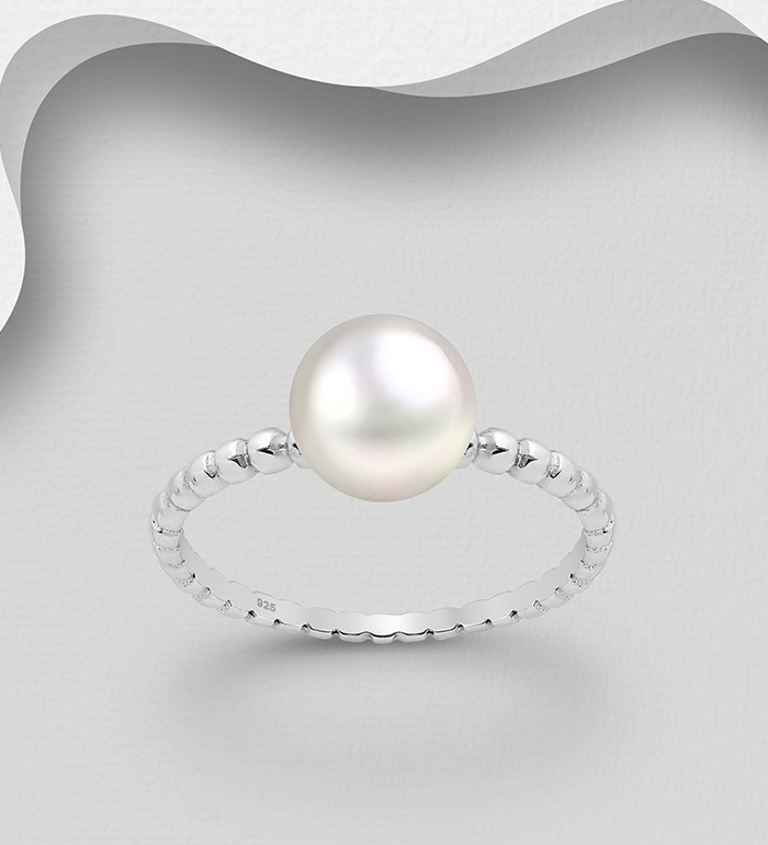 382-3255 - Wholesale 925 Sterling Silver Ball Band Solitaire Ring Decorated Freshwater Pearl