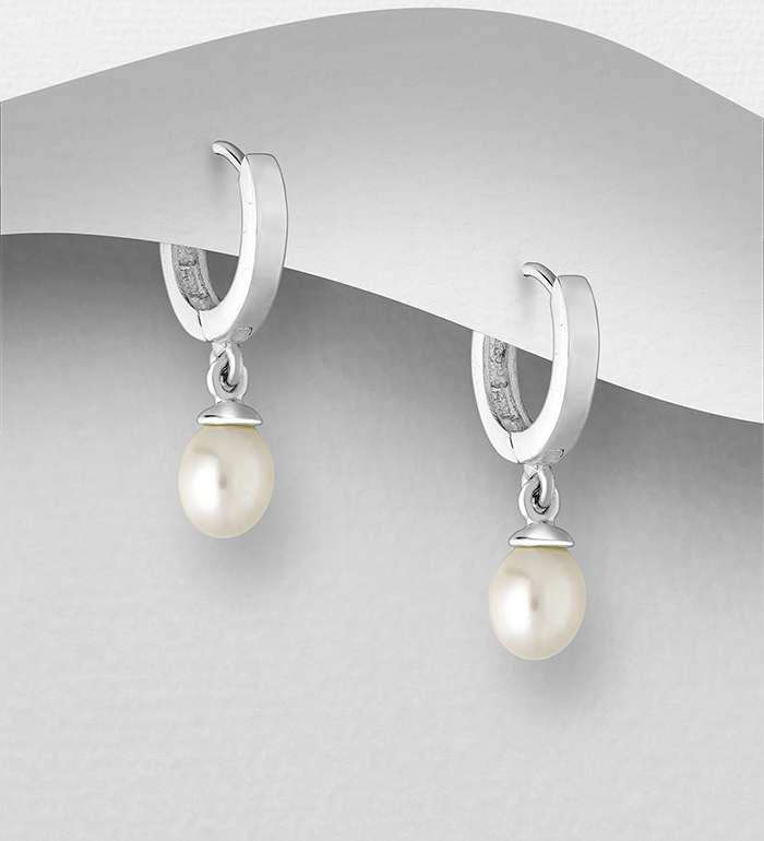 382-3512 - Wholesale 925 Sterling Silver Hoop Earrings Decorated With Fresh Water Pearls