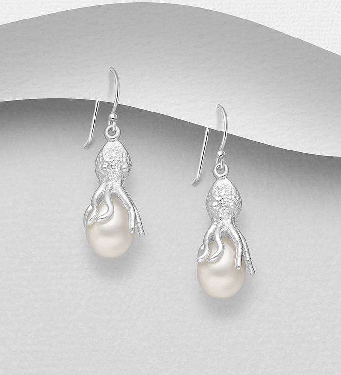 382-3684 - Wholesale 925 Sterling Silver Octopus Hook Earrings Decorated with Freshwater Pearls