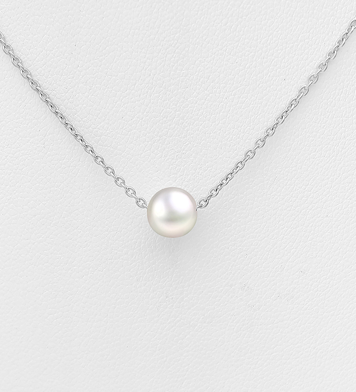 382-3960 - Wholesale 925 Sterling Silver Necklace, Beaded with 7 mm Diameter Freshwater Pearl