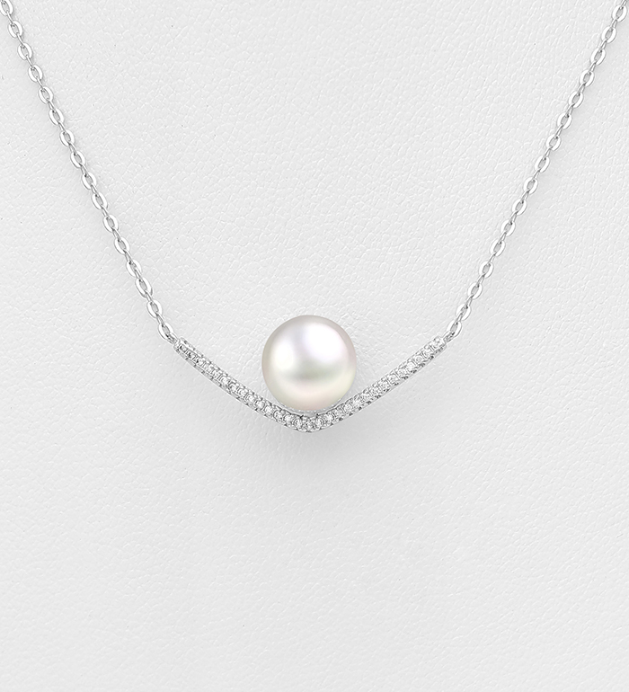 382-4165 - Wholesale 925 Sterling Silver Boomerang Necklace, Decorated with Freshwater Pearl and CZ Simulated Diamonds