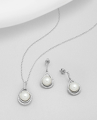 382-4408 - Wholesale 925 Sterling Silver Push-Back Earrings And Pendant Decorated With CZ And Fresh Water Pearls