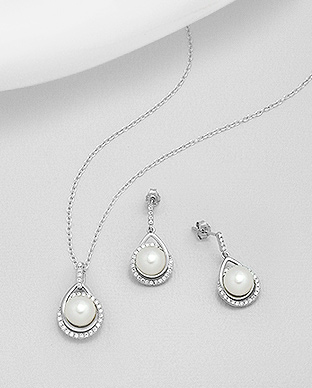 382-4408 - Wholesale 925 Sterling Silver Push-Back Earrings And Pendant Decorated With CZ And Fresh Water Pearls