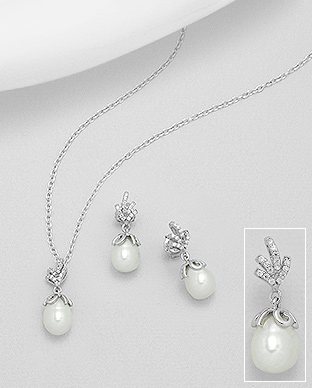 382-4413 - Wholesale 925 Sterling Silver Push-Back Earrings And Pendant Decorated With CZ And Fresh Water Pearls