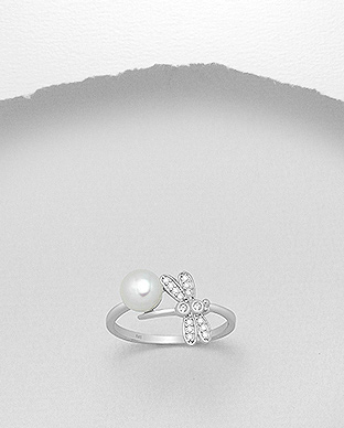 382-4485 - Wholesale 925 Sterling Silver Dragonfly Ring Decorated With CZ And Fresh Water Pearl