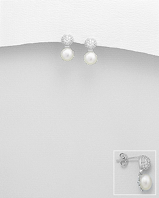 382-4522 - Wholesale 925 Sterling Silver Push-Back Earrings Decorated With CZ And Fresh Water Pearls