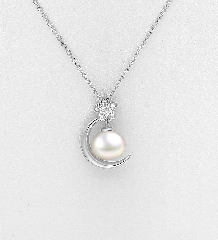 382-4546 - Wholesale 925 Sterling Silver Moon and Star Necklace, Decorated with Freshwater Pearl and CZ Simulated Diamonds