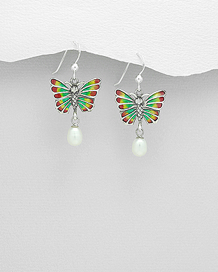 382-4557 - Wholesale 925 Sterling Silver Butterfly Earrings Decorated With Colored Enamel And Fresh Water Pearls