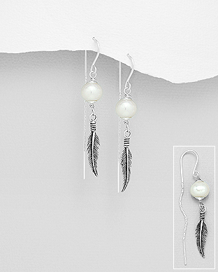 382-4577 - Wholesale 925 Sterling Silver Feather Hook Earrings Beaded With Fresh Water Pearls
