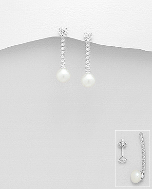 382-4604 - Wholesale 925 Sterling Silver Heart Push-Back Earrings Decorated With CZ And Fresh Water Pearls