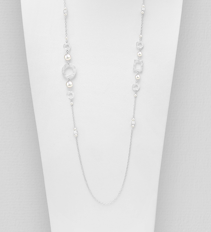 382-4616 - Wholesale 925 Sterling Silver Matte Circle & Rectangle Necklace Beaded With Fresh Water Pearls
