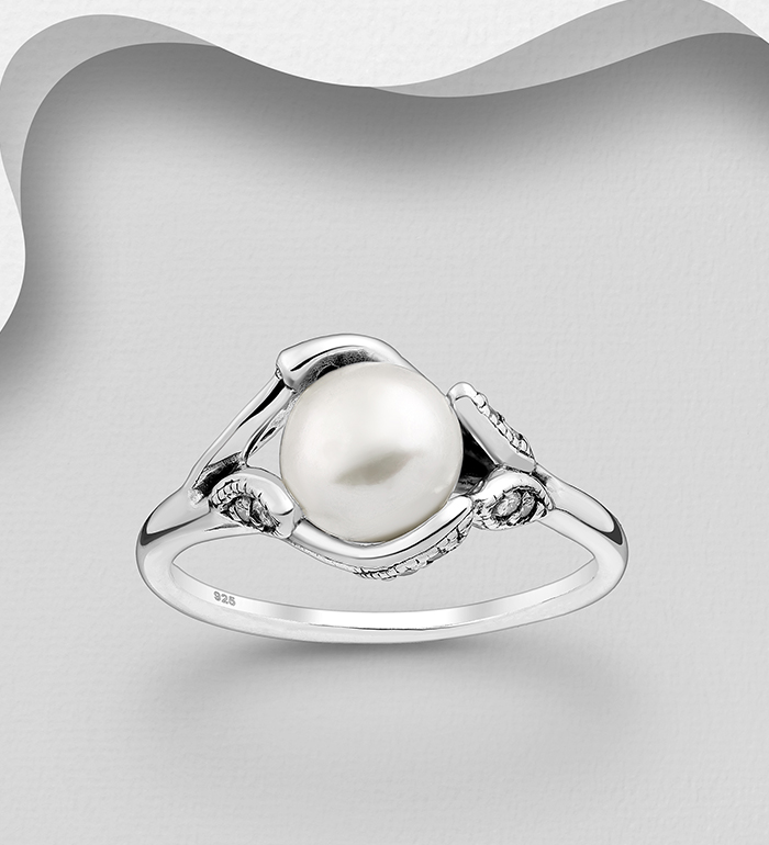 382-4649 - Wholesale 925 Sterling Silver Oxidized Ring, Decorated with Freshwater Pearl and CZ Simulated Diamonds