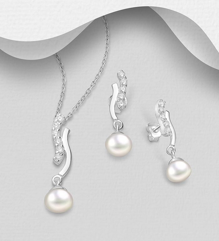 382-4671 - Wholesale 925 Sterling Silver Push-Back Earrings and Pendant Jewelry Set, Decorated with Freshwater Pearls and CZ Simulated Diamonds