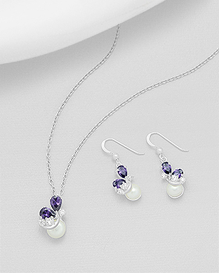 382-4721 - Wholesale 925 Sterling Silver Hook Earrings and Pendant Jewelry, Decorated with Freshwater Pearls and CZ Simulated Diamonds