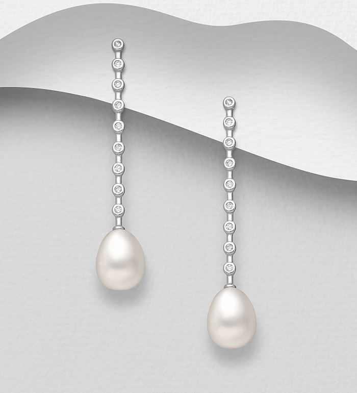 382-4722 - Wholesale 925 Sterling Silver Push-Back Earrings, Decorated with Freshwater Pearls and CZ Simulated Diamonds