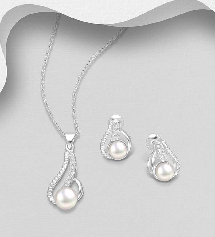 382-4817 - Wholesale 925 Sterling Silver Push-Back Earrings and Pendant Jewelry Set, Decorated with Freshwater Pearls and CZ Simulated Diamonds