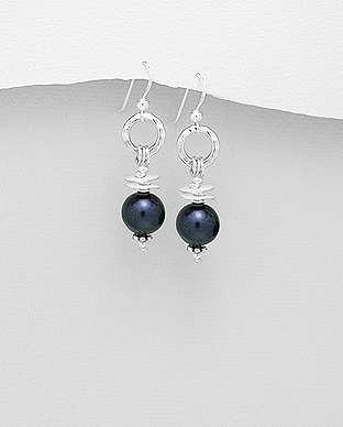 382-4819 - Wholesale 925 Sterling Silver Hook Earrings Beaded With Fresh Water Pearls (Dyed Black)