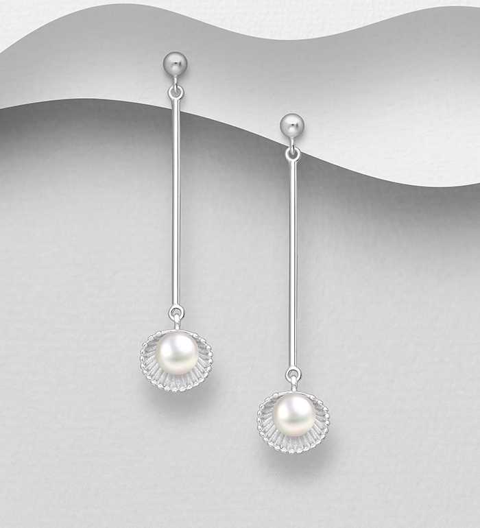 382-4821 - Wholesale 925 Sterling Silver Shell Push-Back Earrings Decorated With Fresh Water Pearls