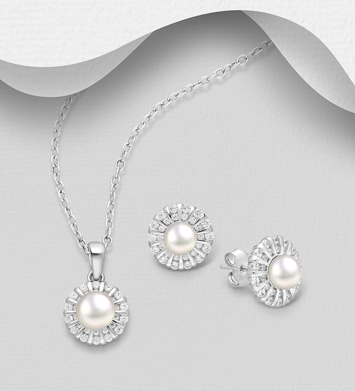 382-4825 - Wholesale 925 Sterling Silver Push-Back Earrings and Pendant Jewelry Set, Decorated with Freshwater Pearls and CZ Simulated Diamonds