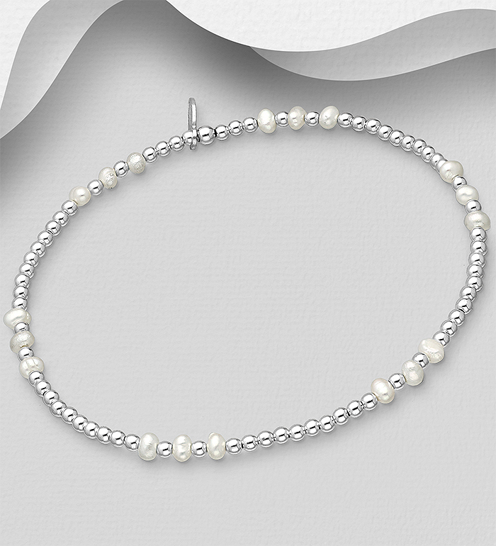 382-4873 - Wholesale 925 Sterling Silver Ball Elastic Bracelet, Beaded with Freshwater Pearl Beads