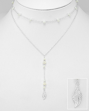 382-4894 - Wholesale 925 Sterling Silver Feather Necklace Beaded With Fresh Water Pearls