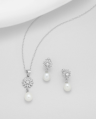 382-4955 - Wholesale 925 Sterling Silver Flower Earrings And Pendant Decorated With CZ And Fresh Water Pearls
