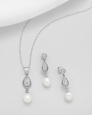 382-4956 - Wholesale 925 Sterling Silver Push-Back Earrings and Pendant Jewelry Set, Decorated with Freshwater Pearls and CZ Simulated Diamonds