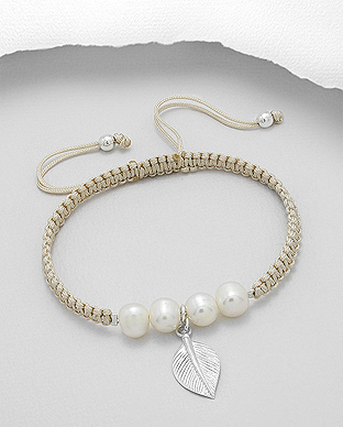 382-4977 - Wholesale 925 Sterling Silver Leaf Adjustable Bracelet Beaded With Fresh Water Pearls