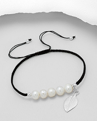 382-4980 - Wholesale 925 Sterling Silver Leaf Adjustable Bracelet Beaded With Fresh Water Pearls