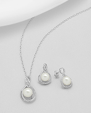 382-4986 - Wholesale 925 Sterling Silver Push-Back Earrings and Pendant Jewelry Set, Decorated with Freshwater Pearls and CZ Simulated Diamonds