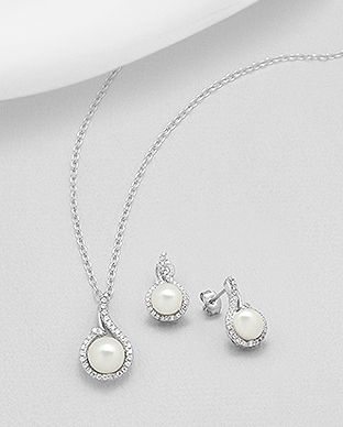 382-4987 - Wholesale 925 Sterling Silver Push-Back Earrings and Pendant Jewelry Set, Decorated with Freshwater Pearls and CZ Simulated Diamonds 