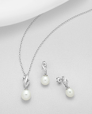 382-5004 - Wholesale 925 Sterling Silver Set of Earrings And Pendant Decorated With CZ And Fresh Water Pearls