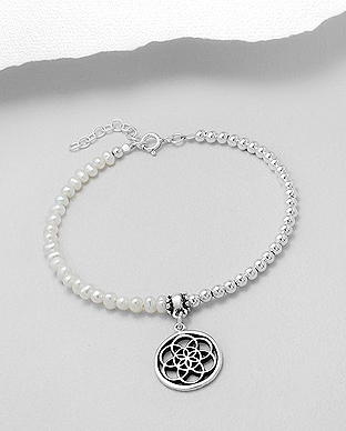 382-5012 - Wholesale 925 Sterling Silver Flower Of Life Bracelet Beaded With Fresh Water Pearls