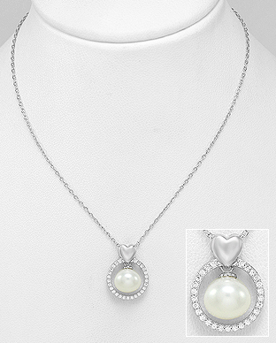 382-5051 - Wholesale 925 Sterling Silver Heart Necklace Decorated With Fresh Water Pearl And CZ
