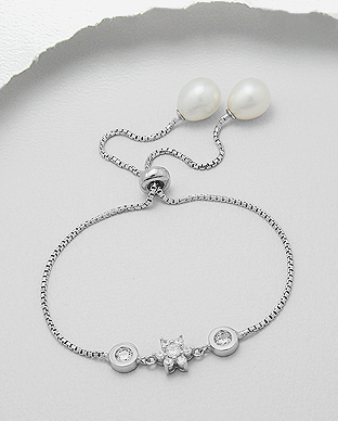 382-5073 - Wholesale 925 Sterling Silver Flower Bracelet Decorated With Fresh Water Pearls And CZ