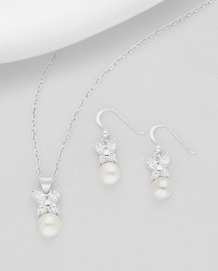 382-5079 - Wholesale 925 Sterling Silver Butterfly Set of Hook Earrings And Pendant Decorated With Fresh Water Pearl And CZ