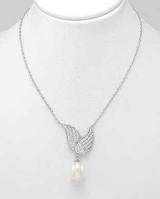 382-5102 - Wholesale 925 Sterling Silver Necklace Featuring Wings Decorated With Fresh Water Pearl And CZ