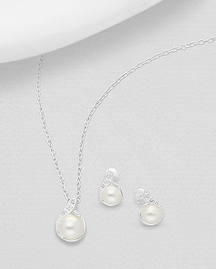 382-5126 - Wholesale 925 Sterling Silver Set of Push-Back Earrings And Pendant Decorated With Fresh Water Pearls And CZ