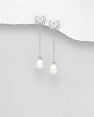 382-5133 - Wholesale 925 Sterling Silver Push-Back Earrings Featuring Butterfly Decorated With Fresh Water Pearls And CZ