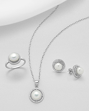 382-5138 - Wholesale 925 Sterling Silver Set of Push-Back Earrings,  Pendant And Ring Decorated With Fresh Water Pearl And CZ