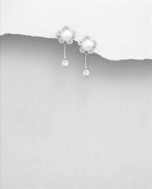 382-5145 - Wholesale 925 Sterling Silver Push-Back Earrings Featuring Flower Decorated With Fresh Water Pearls And CZ
