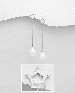 382-5158 - Wholesale 925 Sterling Silver Push-Back Earrings Featuring Crown Decorated With Fresh Water Pearls And CZ
